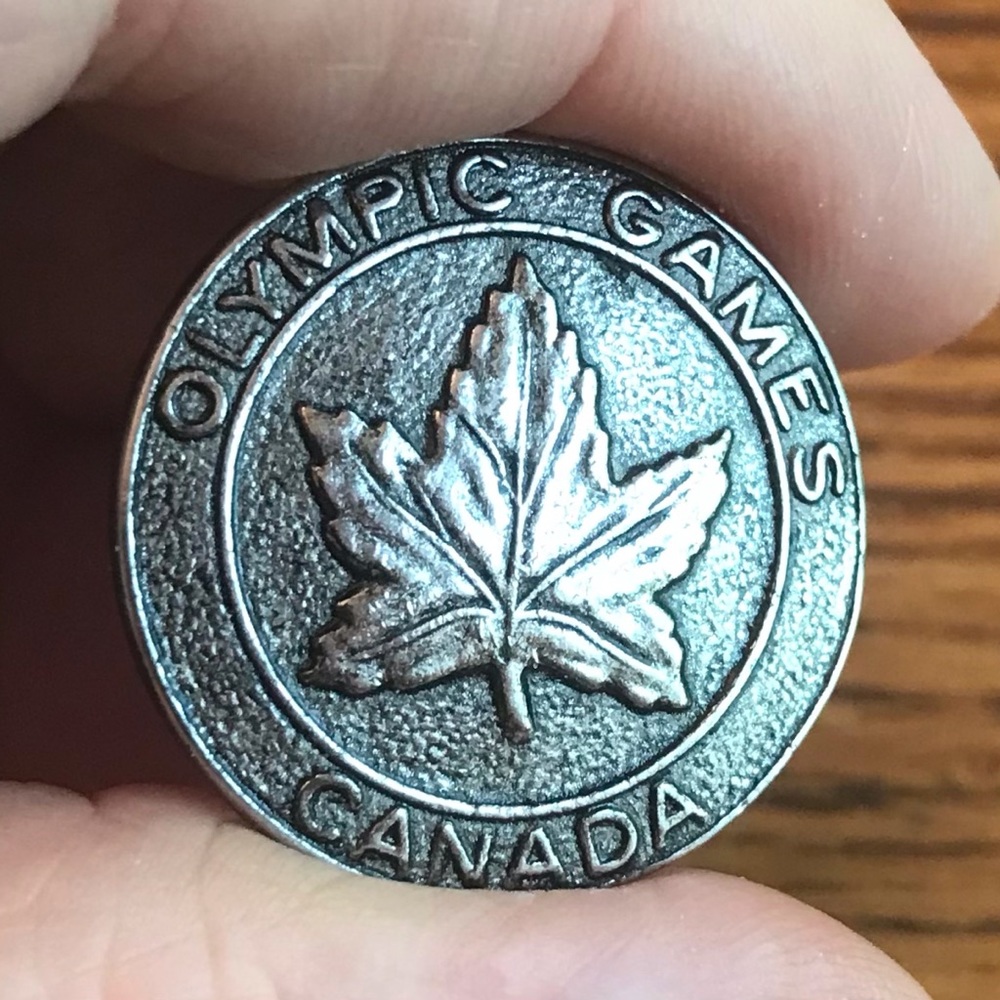 Antique Brushed Silver Metal Button Olympic Games Canada